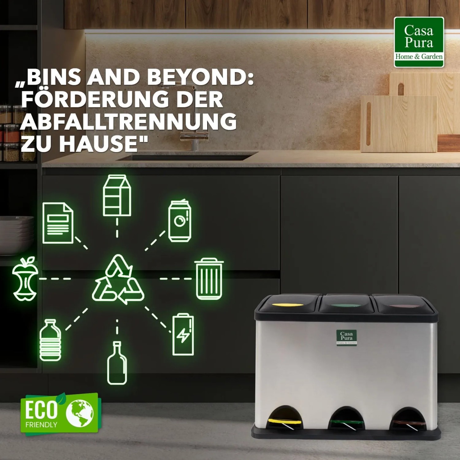 KARAT Mülleimer Brandon mit 3 Kammern für die Mülltrennung in Küche oder Haushalt.