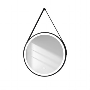 Runder Emke Badspiegel 60 cm mit LED-Beleuchtung, Kaltweiß, Touch-Schalter und schwarzem Rahmen.