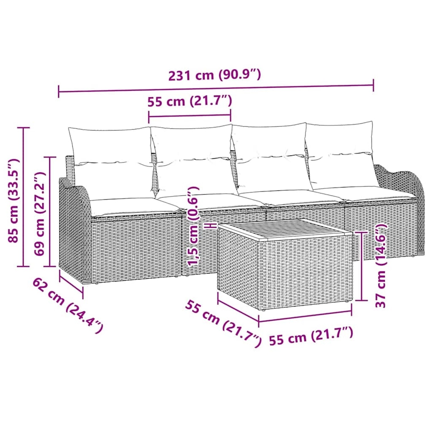 Graues 5-teiliges Garten-Sofa-Set aus Poly Rattan mit Tisch und modularem Design.