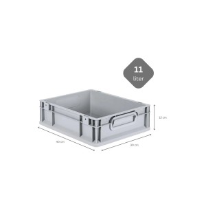 Graue PROREGAL Eurobox NextGen, 11 Liter, mit Griffmulden und Maßangaben. Ideal zur Aufbewahrung.