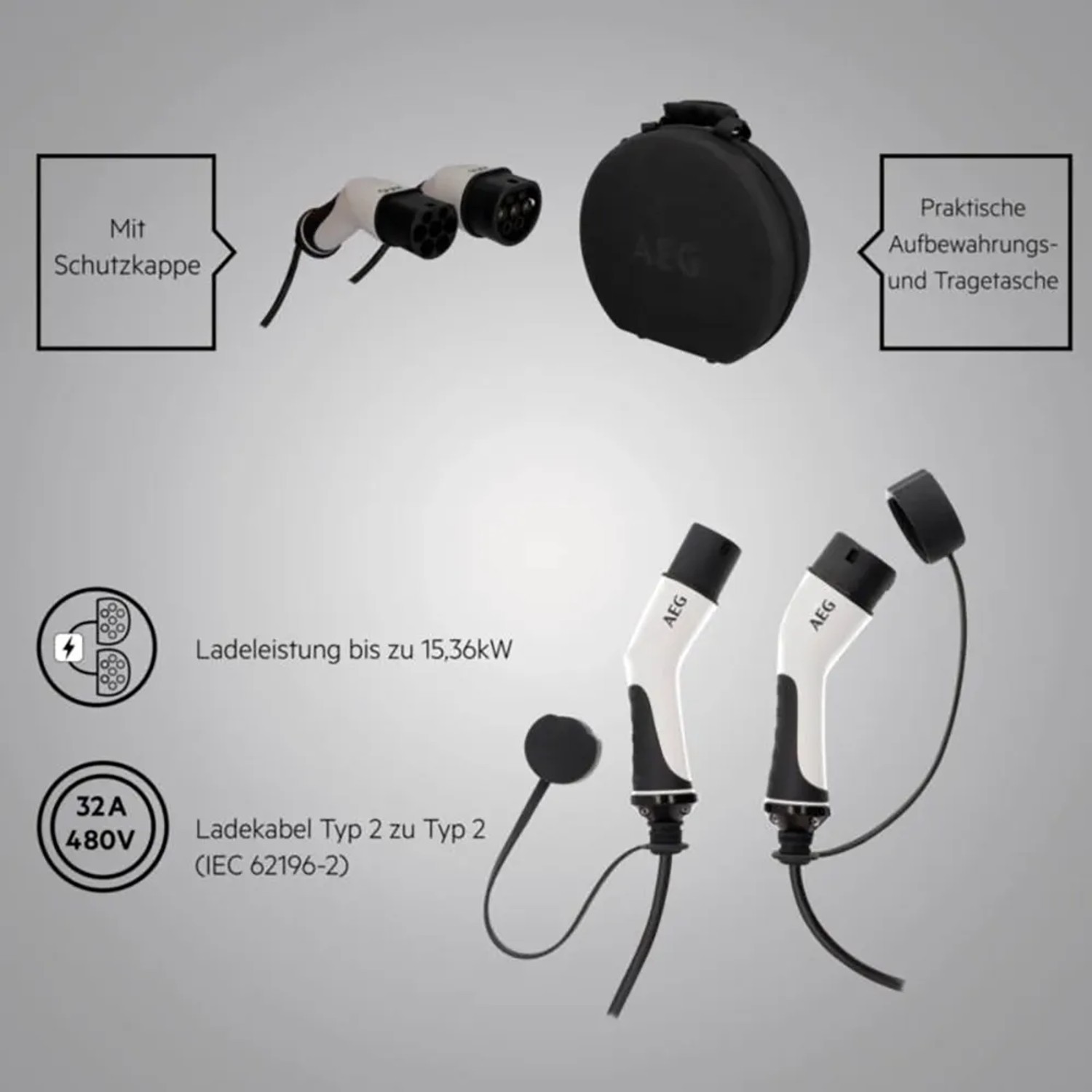 AEG Typ 2 E-Ladekabel, 7 m, mit Schutzkappe und Tasche für Elektroautos.