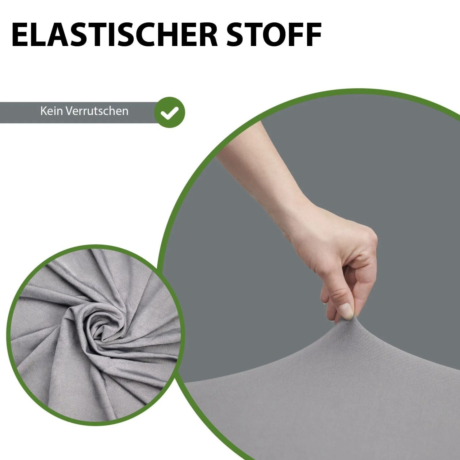 Anthrazitfarbene, elastische Stehtischhusse aus Stretchstoff, von Hand gedehnt. Zeigt Stoffstruktur und Rutschfestigkeit.