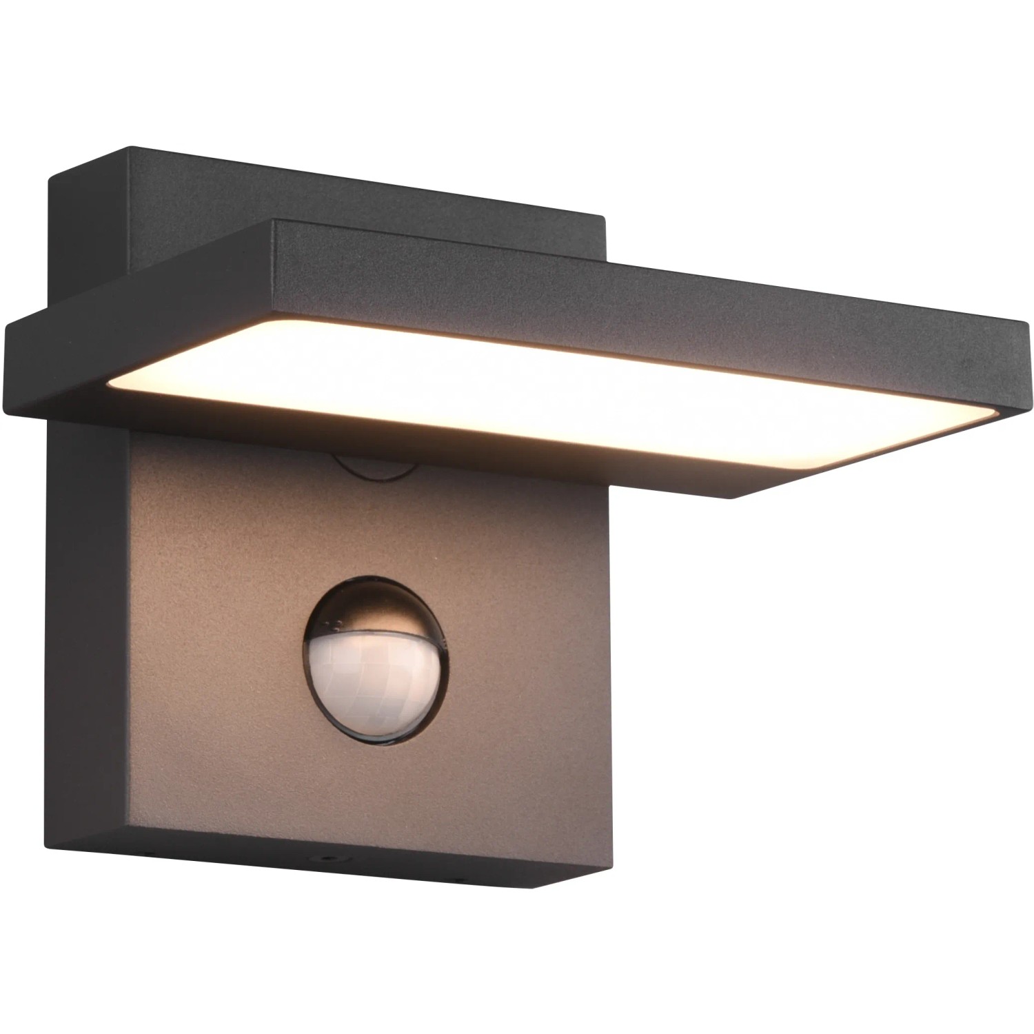 Moderne, anthrazitfarbene Trio LED-Außenwandleuchte Horton mit Bewegungssensor.