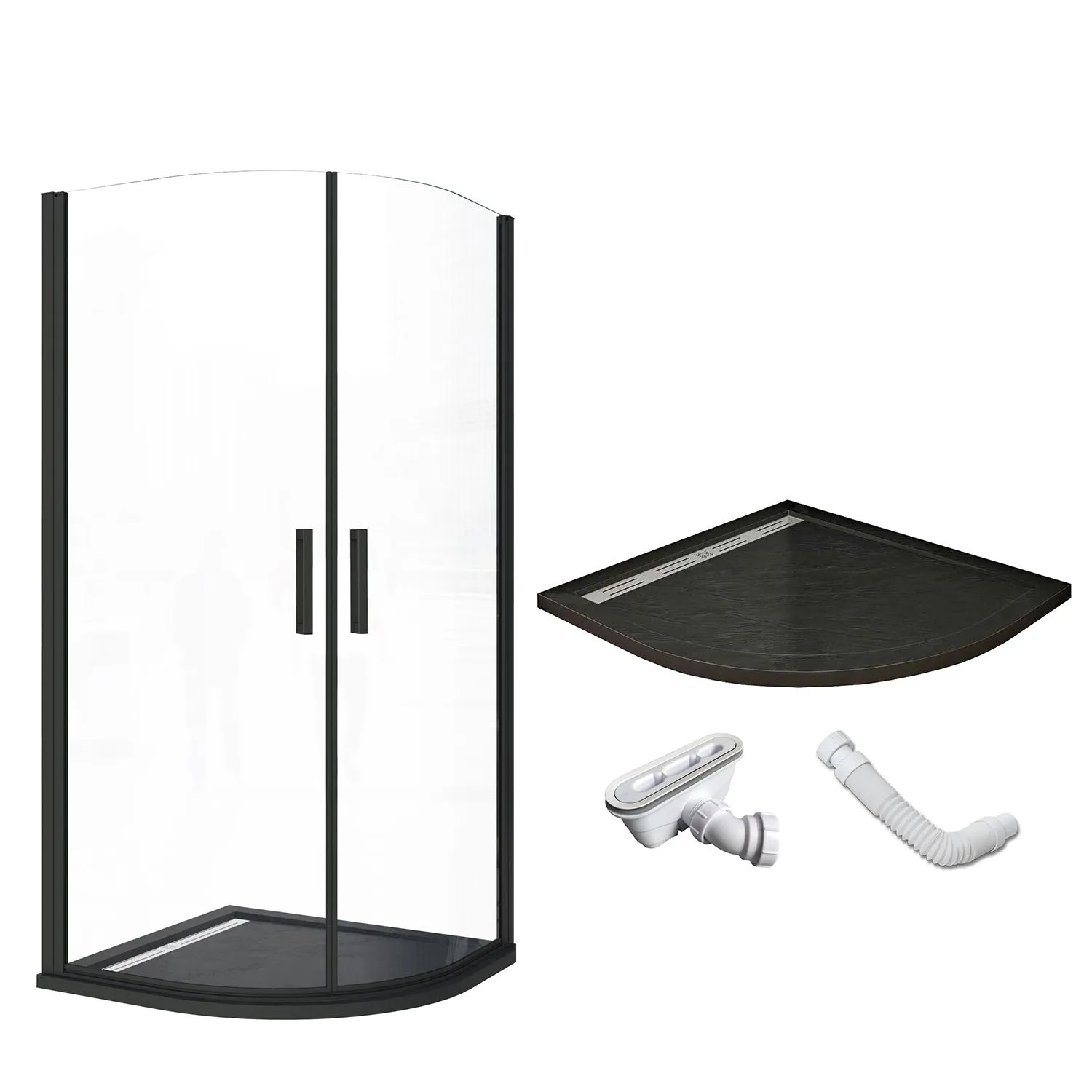AICA Schwarze Viertelkreis Dusche 80x80x195 cm Drehtür 6mm ESG Sicherheitsglas mit Duschwanne und Ablaufsystem Typ 3