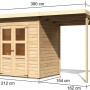 Karibu Holz-Gartenhaus Neuenburg mit Anbaudach, naturbelassenes Fichtenholz, Doppeltür, Maße: 390x175 cm.
