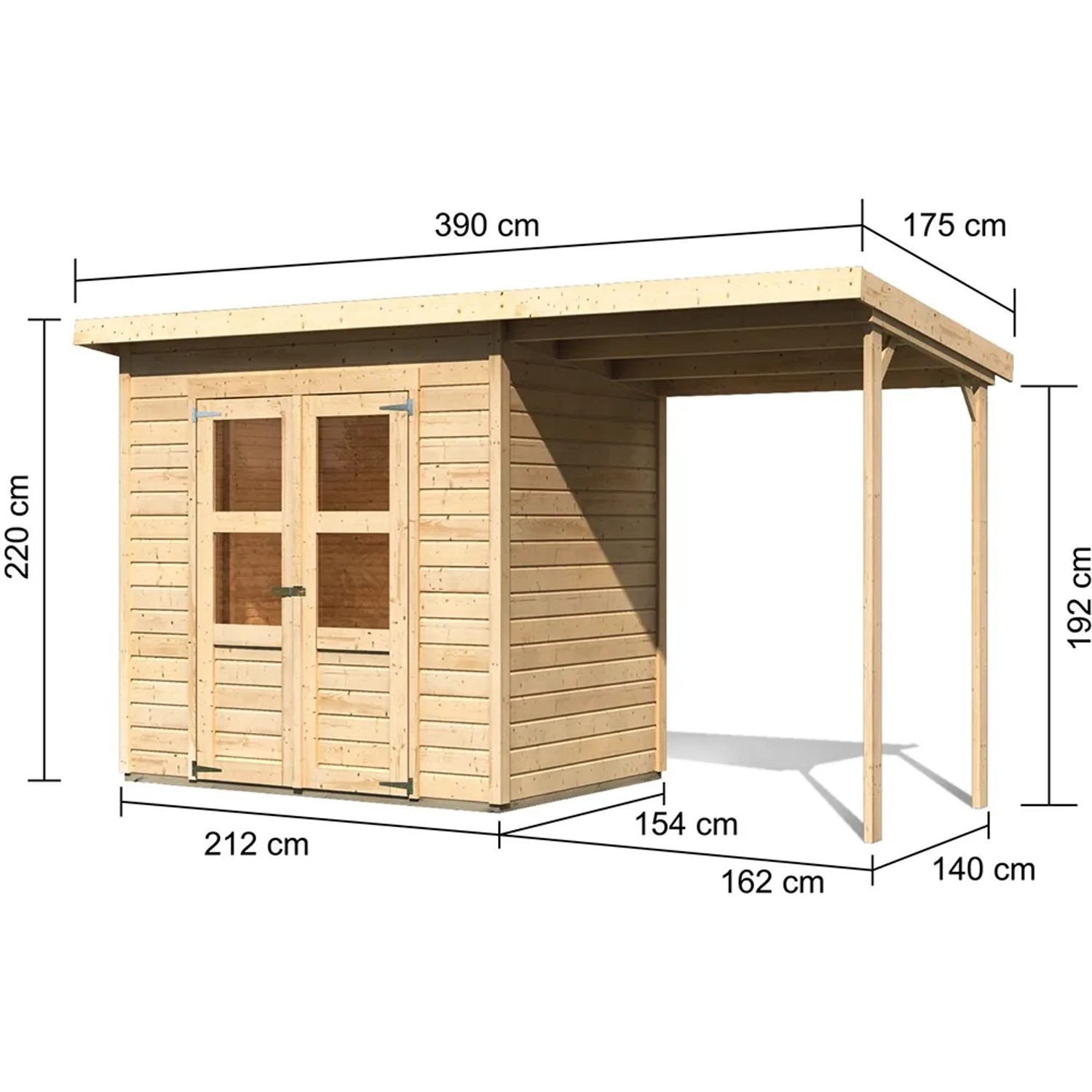 Karibu Holz-Gartenhaus Neuenburg mit Anbaudach, naturbelassenes Fichtenholz, Doppeltür, Maße: 390x175 cm.