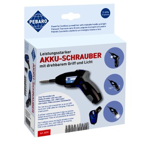 Pebaro Akkuschrauber im Set: Leistungsstarker Schrauber mit Bits und Tasche im Karton.