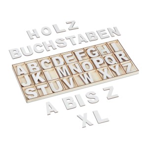 Relaxdays Holzbuchstaben Set Holz Weiß 104 Tlg. im Sortierkasten 5 cm