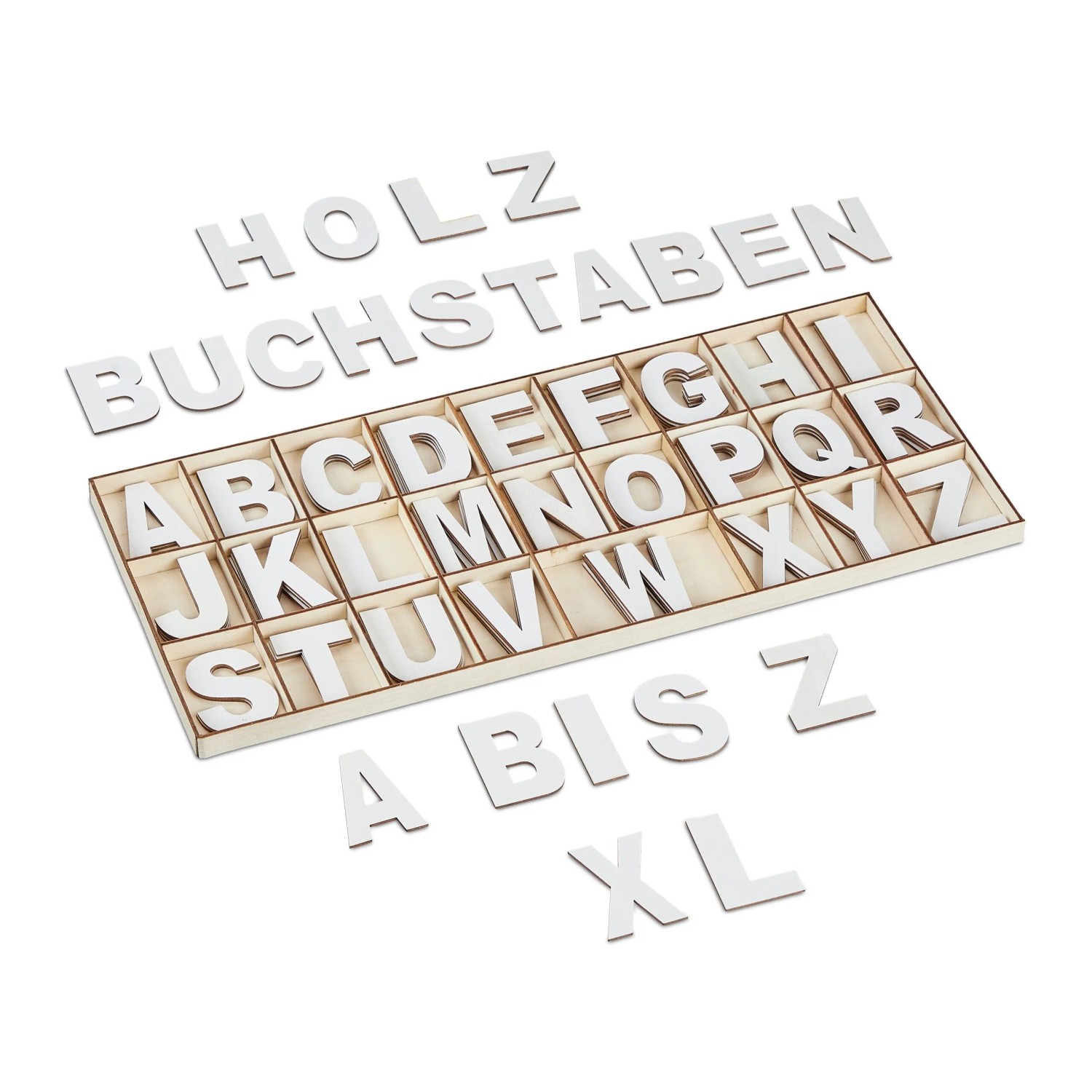 Relaxdays Holzbuchstaben Set Holz Weiß 104 Tlg. im Sortierkasten 5 cm