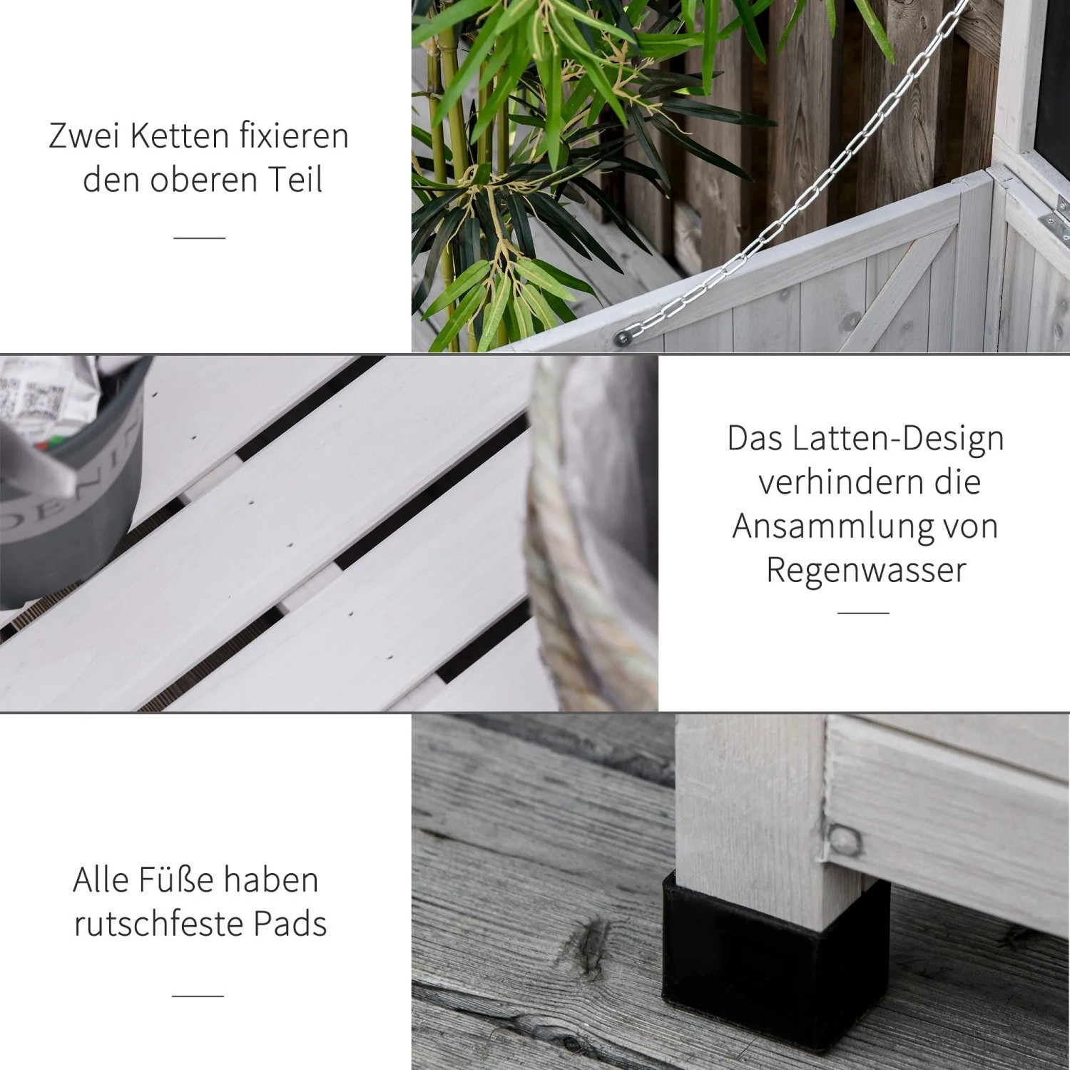 Details der grauen Outsunny Gartenbox: Ketten für Deckel, Latten-Design für Wasserablauf, rutschfeste Füße.