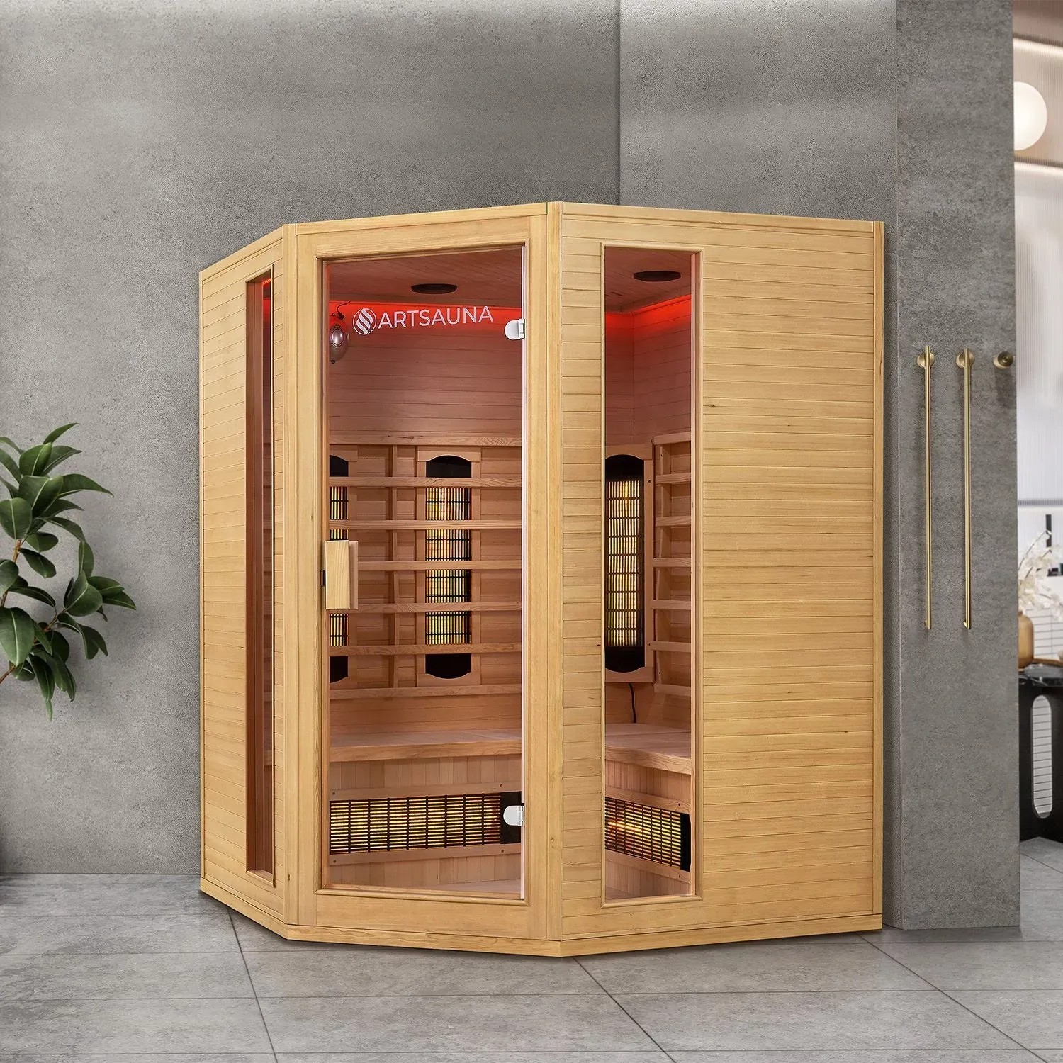 Artsauna Infrarotkabine Nyborg E150V aus Hemlockholz mit Vollspektrumstrahlern für 4 Personen.