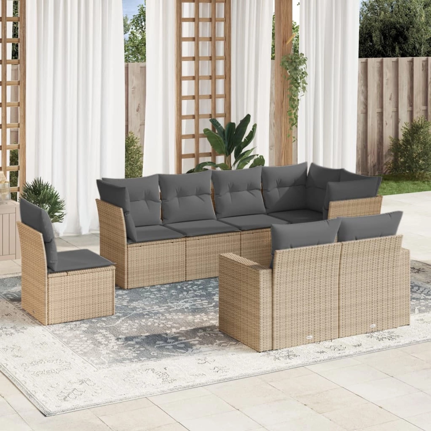Beige 8-tlg. Garten-Sofagarnitur aus Polyrattan mit grauen Kissen. Gartenmöbel für Terrasse und Garten.