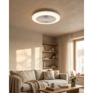 Runder, weißer Eglo LED-Deckenventilator Windley mit integriertem Licht, montiert an der Decke eines modernen Wohnzimmers.