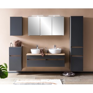 Held Möbel Doppelwaschtisch-Set Trient, 120 cm, matt Grau-Wotaneiche mit Aufsatzbecken und Spiegelschrank.