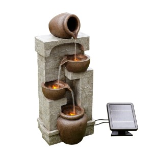4-stufiger, solarbetriebener Gartenbrunnen (72cm hoch) mit LED-Beleuchtung und Steinoptik.