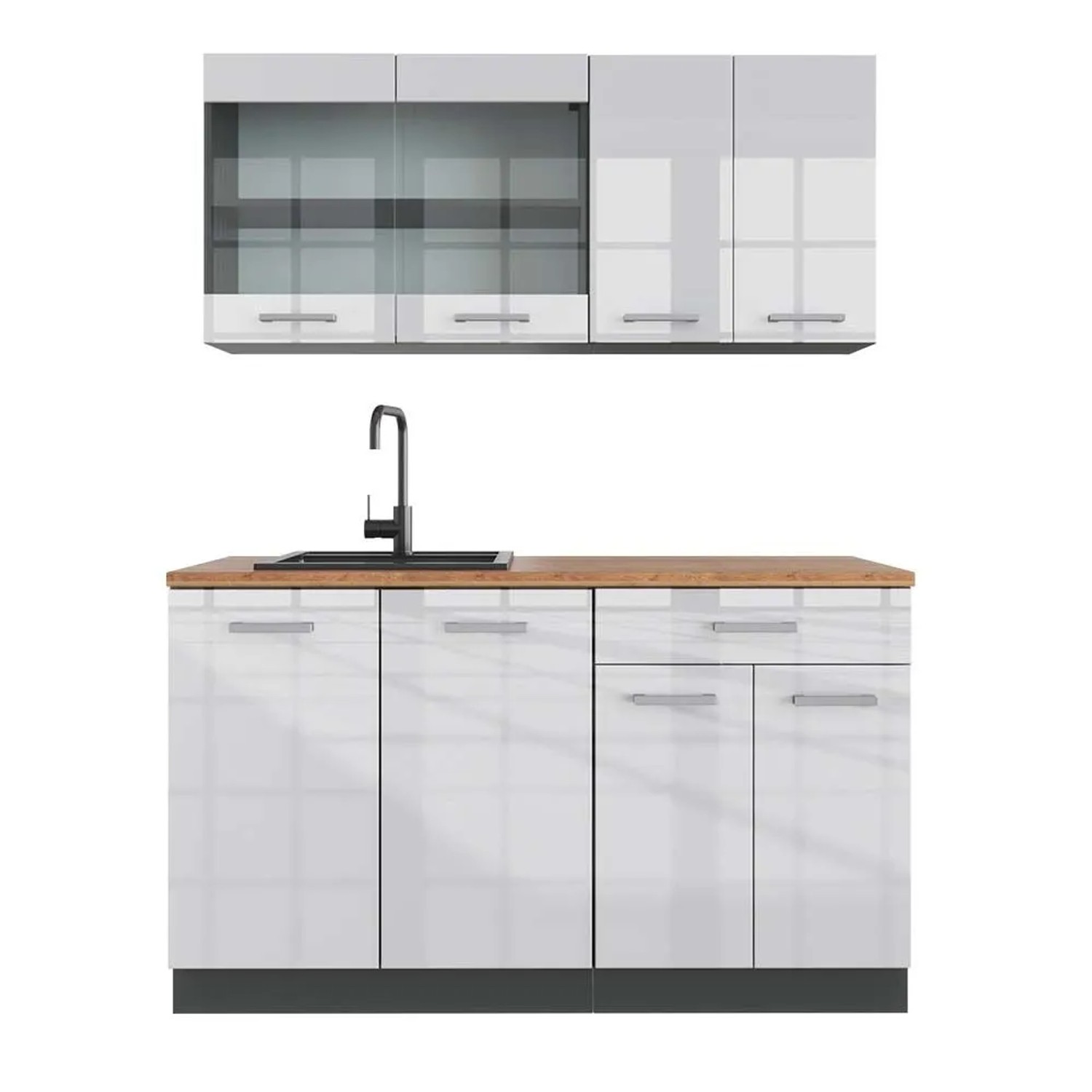 Vicco R-Line Singleküche Weiß Hochglanz Anthrazit 140 cm AP Eiche ohne E-Geräte