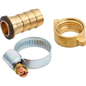 Schlauchverbinder aus Messing, 13 mm (1/2"), mit Tülle, Schelle und Verschraubung für sichere Schlauchfixierung.