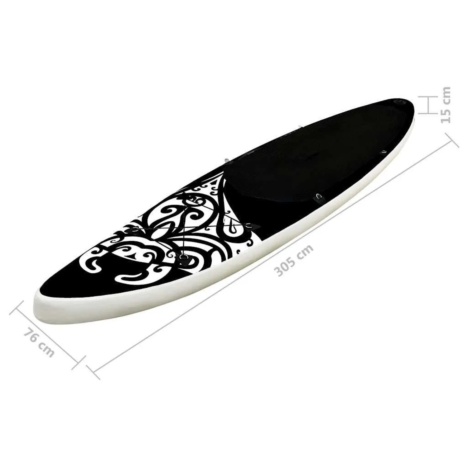 Aufblasbares, schwarzes SUP-Board-Set (305x76x15 cm) von vidaXL mit weißem Muster.