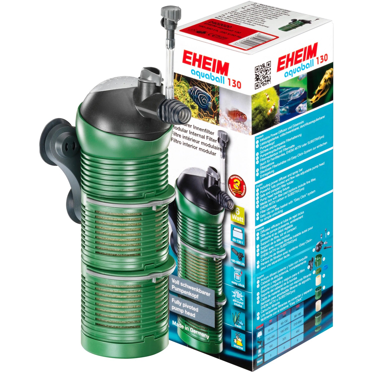 Eheim Aquaball 130 Innenfilter für Aquarien, modulares System mit grünem Gehäuse.