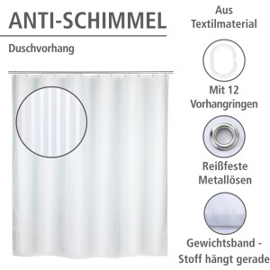 Wenko Anti-Schimmel Duschvorhang Palais, weiß mit Streifen, inkl. 12 Ringe, 180x200 cm.