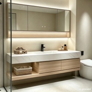 Modernes wandhängendes Badmöbel Set mit Sinterstein Waschbecken, hellem Holz-Unterschrank und LED Spiegelschrank.