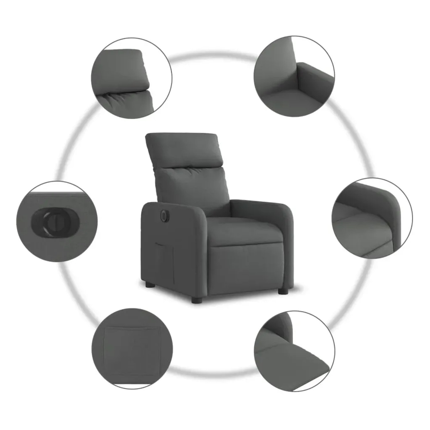 Dunkelgrauer vidaXL Relaxsessel elektrisch mit Stoffbezug und Details.
