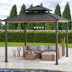 Anthrazitfarbener Sunjoy Pavillon Pasu aus Stahl, 300x300 cm, mit Sitzgruppe im Garten.