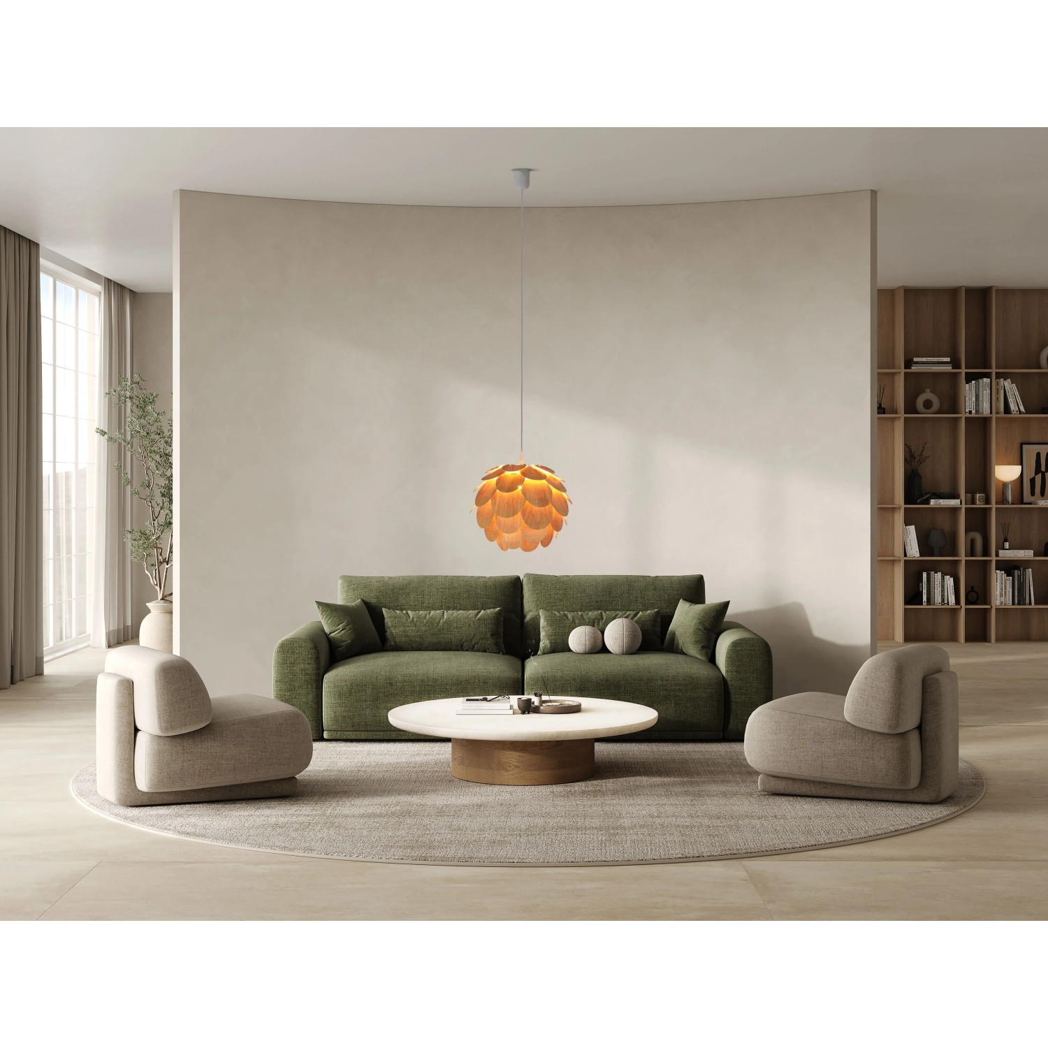 Näve Pendelleuchte Foglia, Nussbaum-Braun, Ø40cm im Wohnraum.