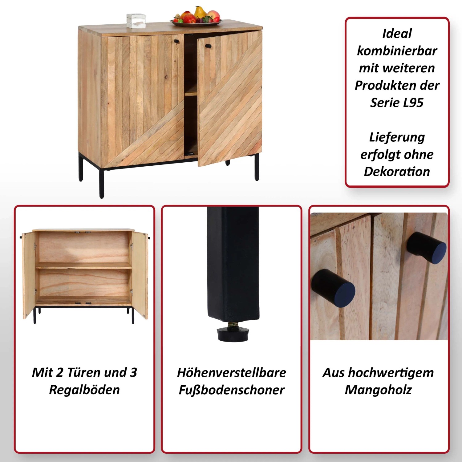 Highboard MCW L95 aus Mangoholz, 86x90x43cm, mit 2 Türen und schwarzen Metallfüßen.
