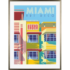Goldener Kunststoffbilderrahmen 60x80 cm mit Art Deco Miami Motiv.