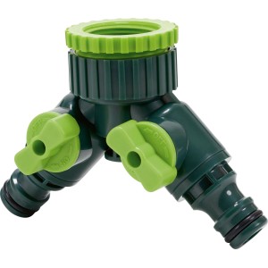 2-Wege-Ventil 13 mm (1/2) aus Kunststoff für Gartenbewässerung mit zwei grünen Drehschaltern.