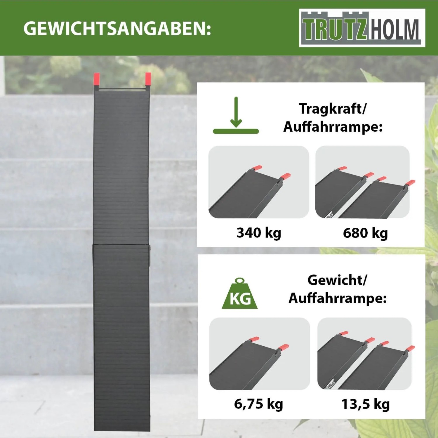 TRUTZHOLM Auffahrrampe, 205 cm, klappbar, Traglast 340 kg, Aluminium, schwarz.