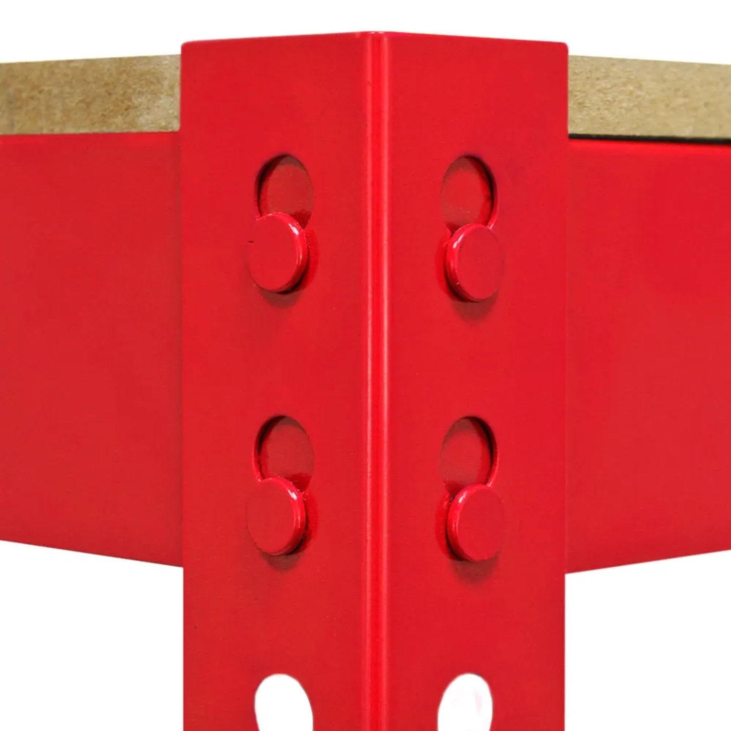 Detailaufnahme: Rote Monstershop Q Rax Werkbank (100 cm) mit Stahlrahmen und MDF-Platte.