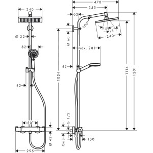 Technische Zeichnung Hansgrohe Crometta E 240 Duschsystem mit Maßen in mm.