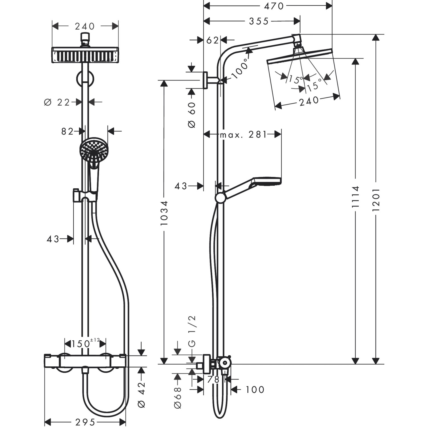 Technische Zeichnung Hansgrohe Crometta E 240 Duschsystem mit Maßen in mm.