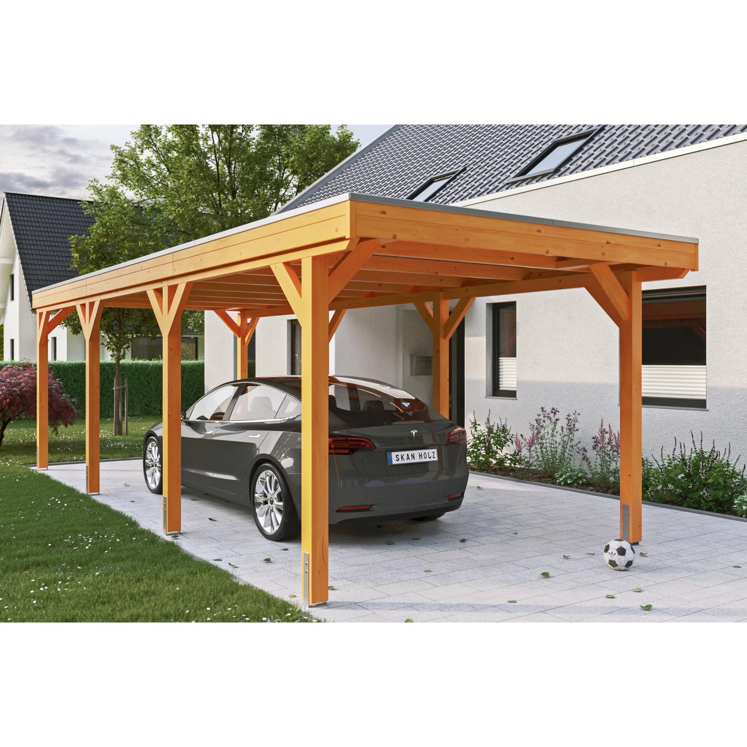 Skan Holz Carport Grunewald 321 cm x 796 cm mit EPDM-Dach Eiche Hell günstig online kaufen