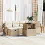7-teiliges Garten-Sofa-Set aus Poly Rattan in Beige mit Tisch und Kissen.
