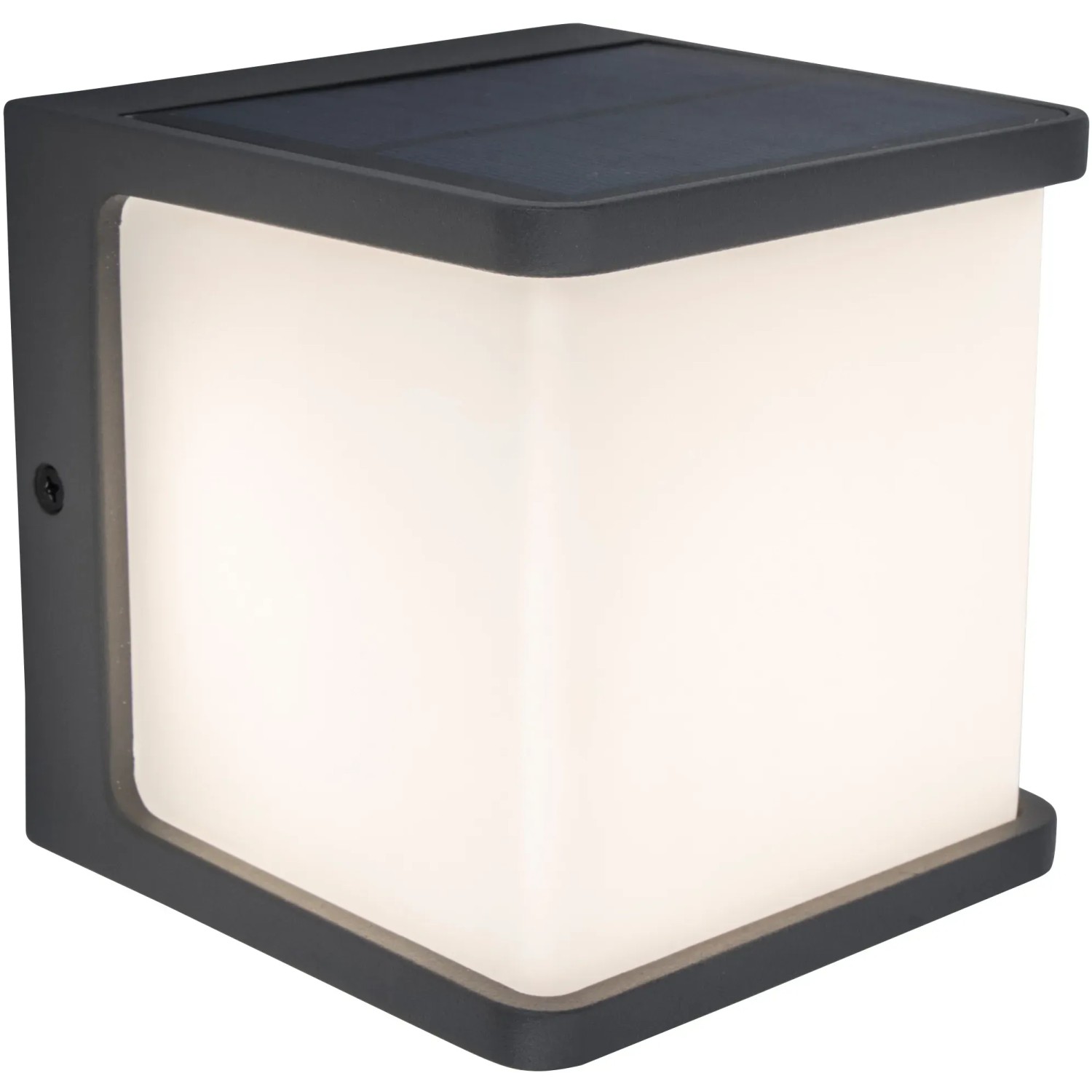 Moderne, anthrazitfarbene Lutec LED Solar-Wandleuchte Doblo mit integriertem Solarpanel.