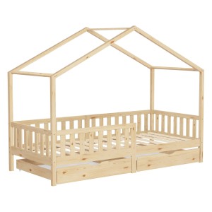ML-Design Hausbett 90x200 cm aus Kiefernholz natur mit 2 Schubladen.
