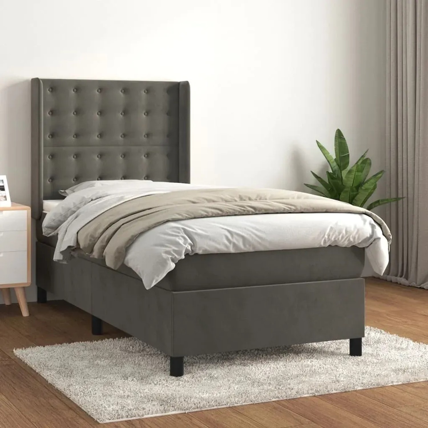 Dunkelgraues vidaXL Boxspringbett (80x200 cm) mit Matratze und Samtbezug.