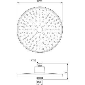 Technische Zeichnung: Ideal Standard Kopfbrause, 2 Funktionen, Chrom, Durchmesser 26 cm.