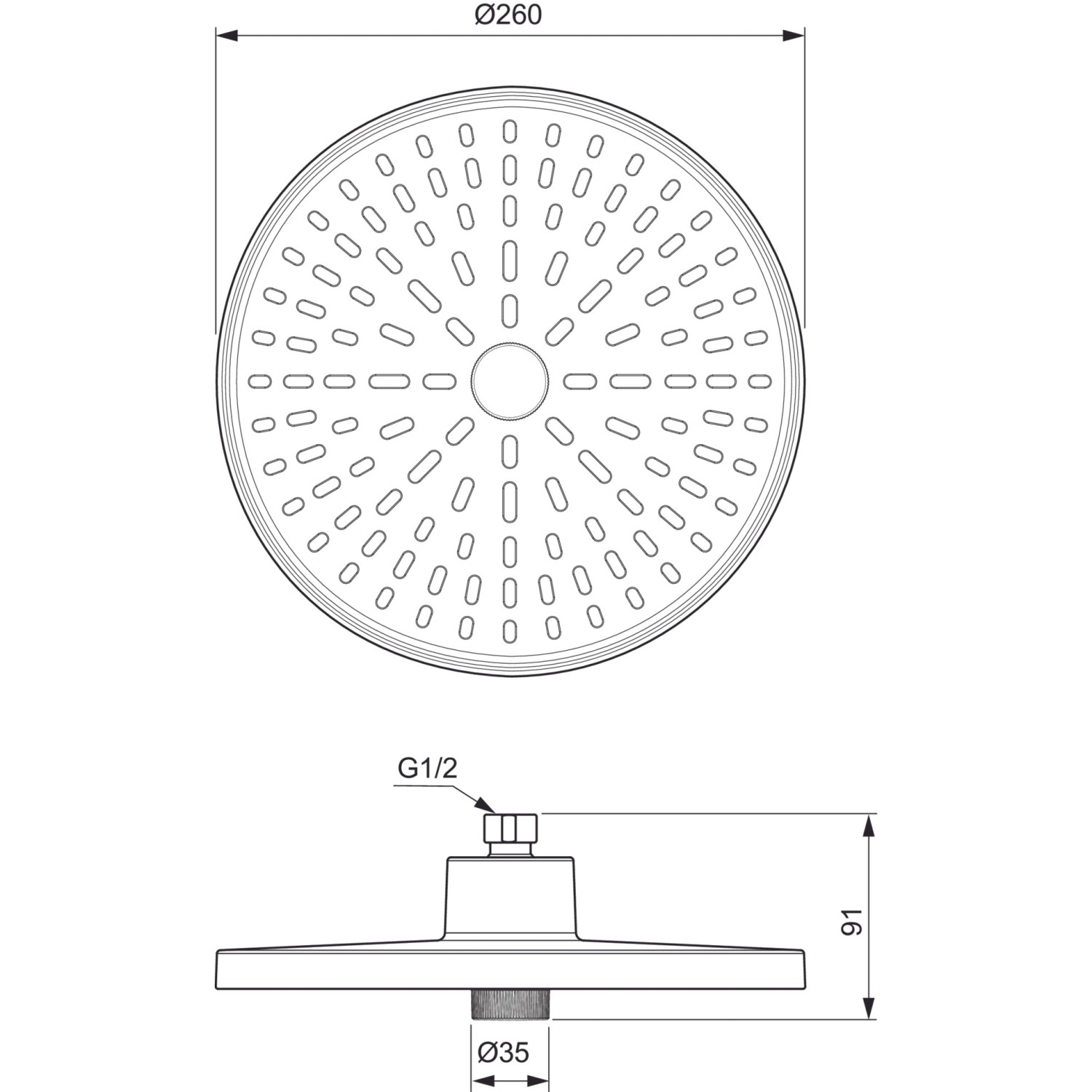 Technische Zeichnung: Ideal Standard Kopfbrause, 2 Funktionen, Chrom, Durchmesser 26 cm.