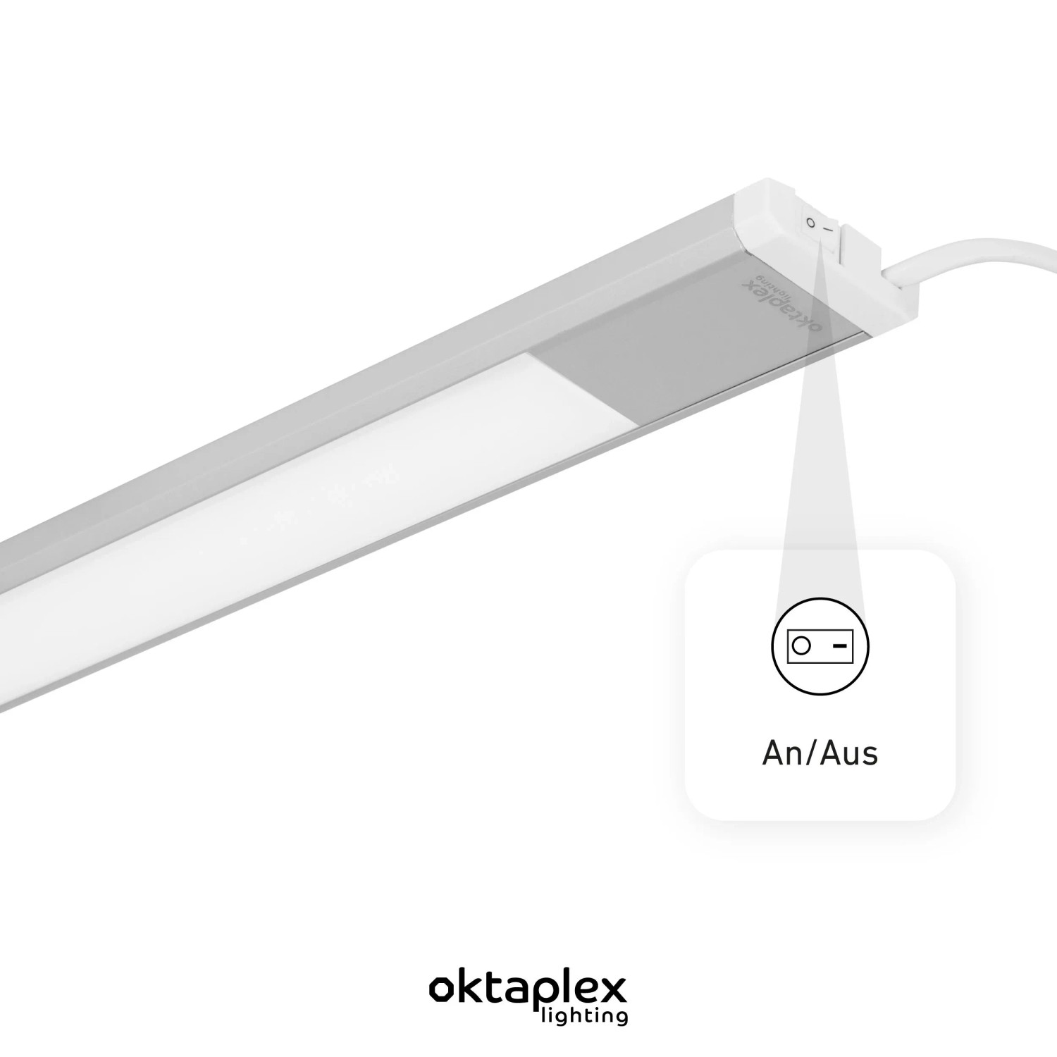 Flache Oktaplex LED Unterbauleuchte Küche, 120cm, Aluminium, warmweiß, mit Schalter.