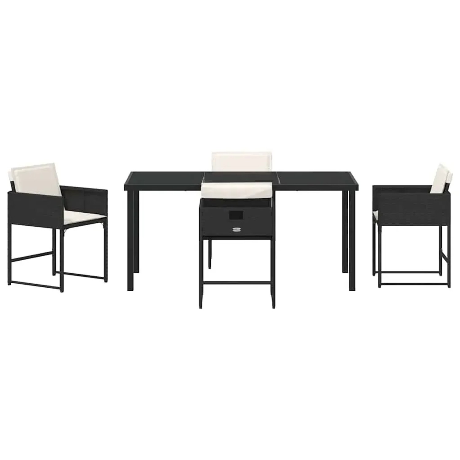 Schwarze vidaXL Garten Essgruppe mit Kissen, 5-teilig, aus Poly Rattan.