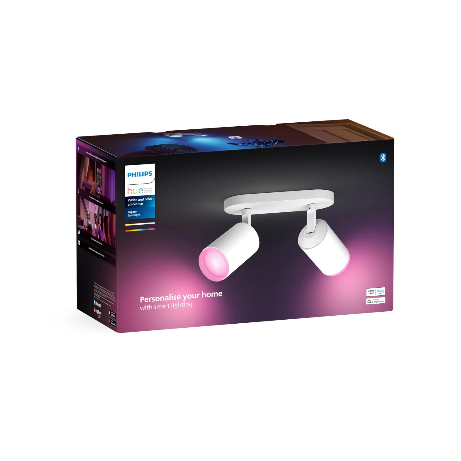 Verpackung der Philips Hue LED-Spot Fugato, 2-flammig, White & Color Ambiance, weiß. Smarte Beleuchtung.