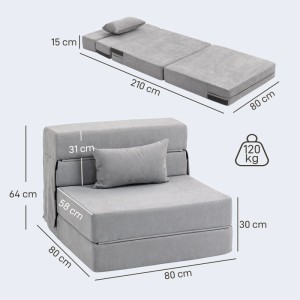 Hellgrauer HOMCOM 3-in-1 Schlafsessel als Sofa und ausgeklapptes Bett mit Kissen. Maße 210x80x15 cm, 120 kg Belastbarkeit.