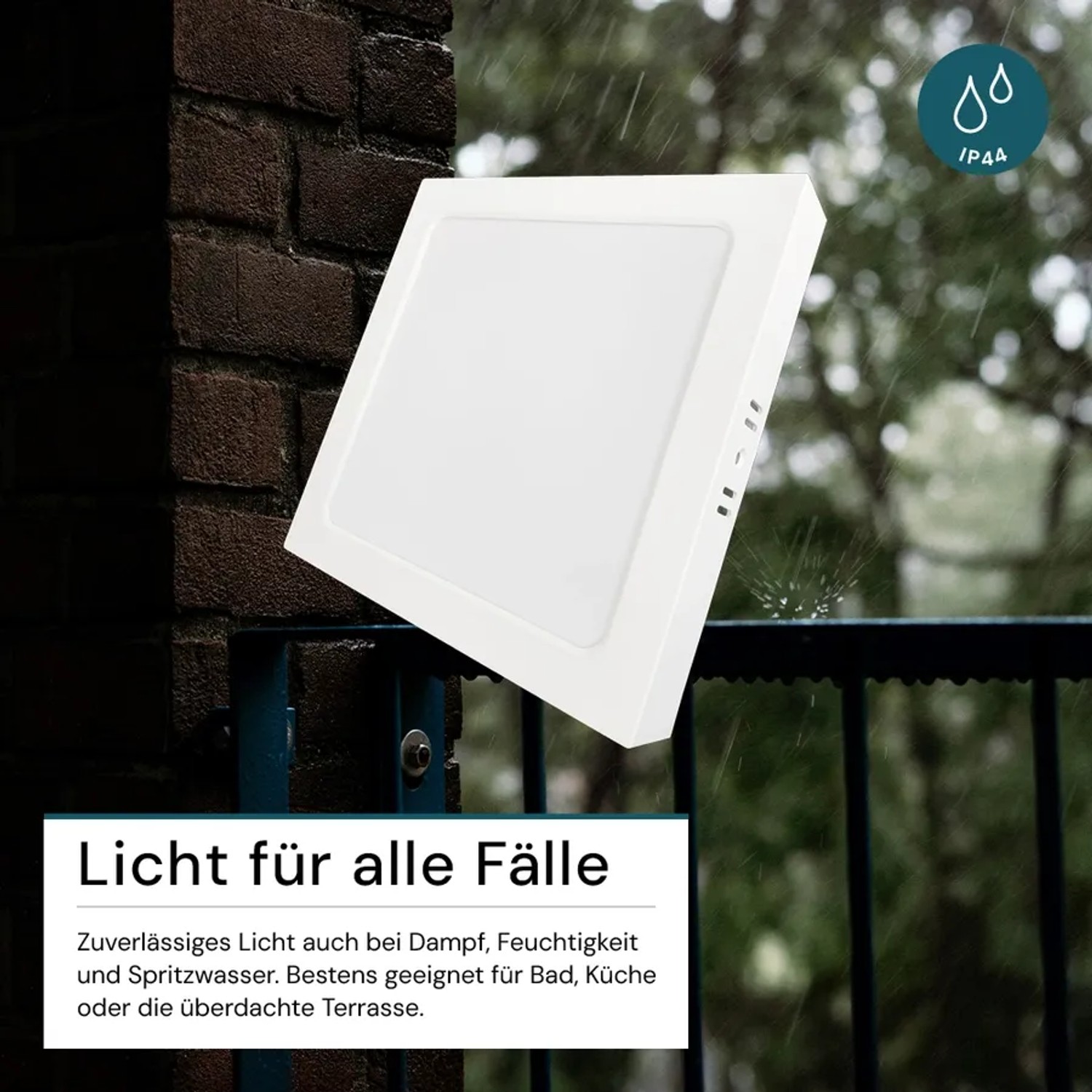 Weiße, eckige LUXULA LED Aufbauleuchte IP44 im Regen, ideal für Bad & Feuchträume. Moderne Deckenlampe.