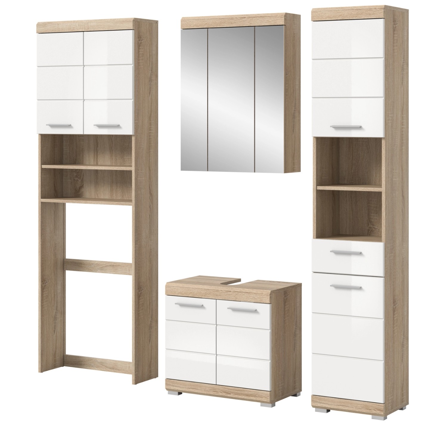 Inn.Furn Badmöbel Set 4-teilig in Weiß Hochglanz und Eiche 190 cm Mambo günstig online kaufen