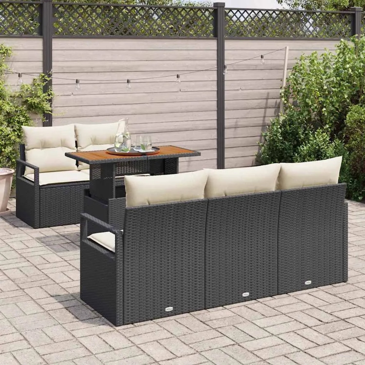 Schwarzes 6-tlg. vidaXL Garten-Sofa-Set aus Poly Rattan mit Stauraum und Tisch.