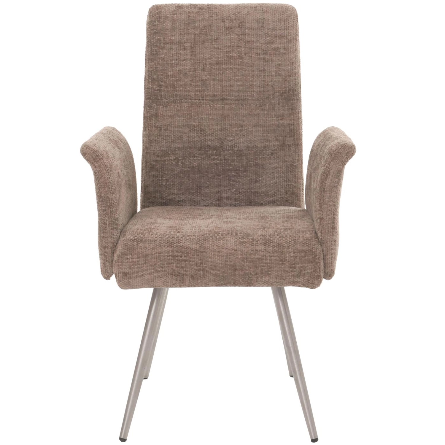 6er-Set: Brauner Esszimmerstuhl mit Armlehne, Chenille-Bezug und Edelstahlgestell.